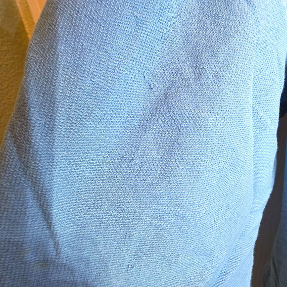 Sundance Mix Media Blouse 3/4 Sleeve Peplem Sz Large Blue Faux Button Back - Picture 8 of 12